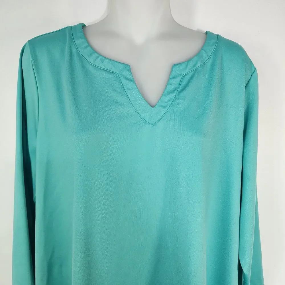 Susan Graver Essentials Top Womens Large Butterknit 3/4 Sleeve Split Neck Green